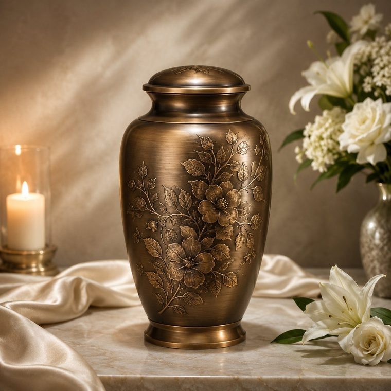 Urna cineraria in bronzo lavorato con decoro floreale a Napoli