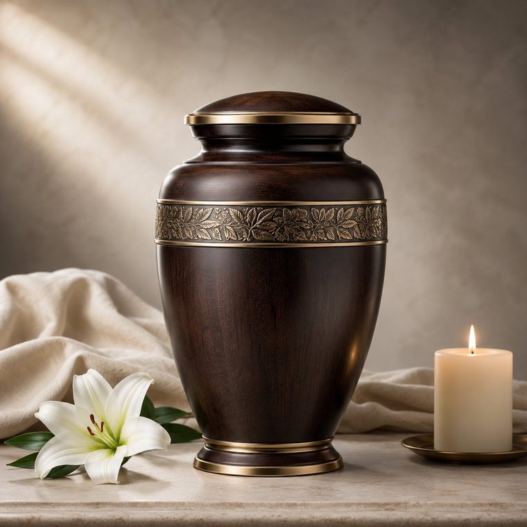 Urna cineraria in legno scuro con fascia in ottone a Napoli