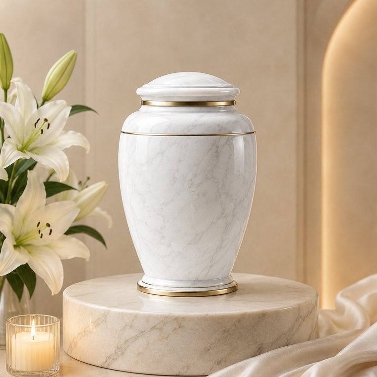 Urna cineraria in marmo bianco con bordo oro a Napoli